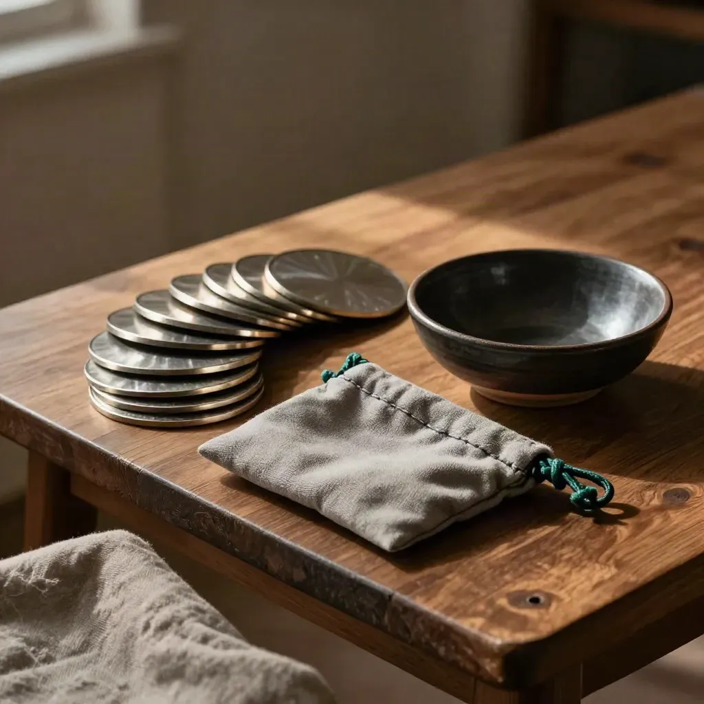 Token discs, pouch and ceramic bowl on a walnut worktable in warm afternoon light.