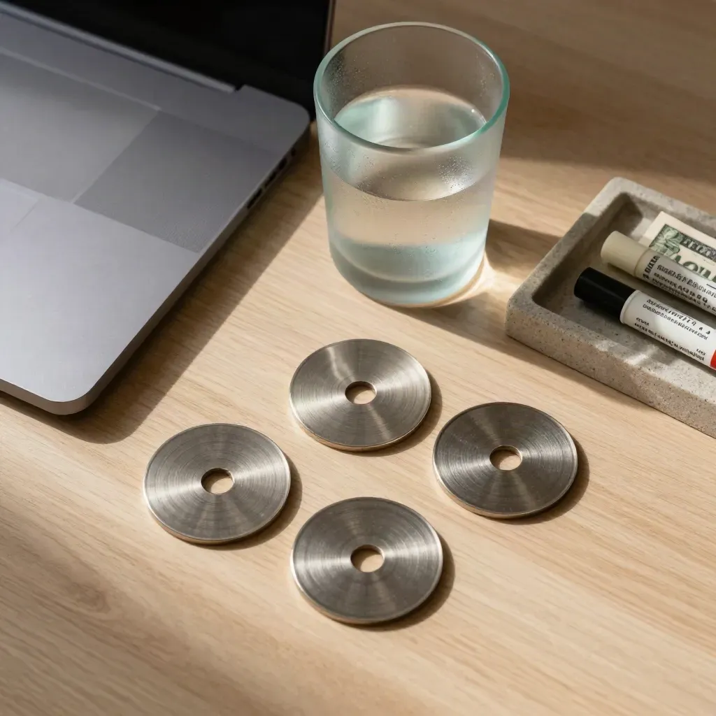 Closed laptop, frosted tumbler, token discs and cash markers on pale oak in soft window light