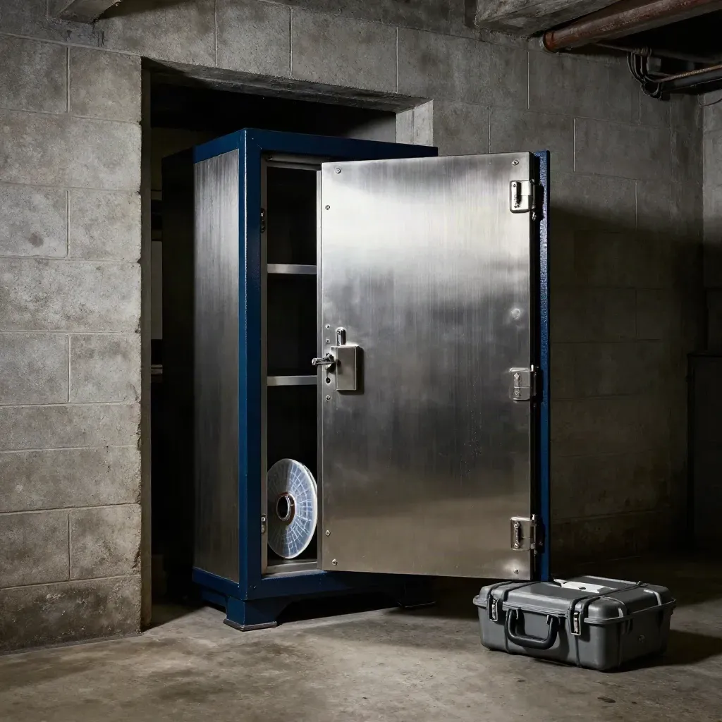 Locked cabinet ajar with sealed hardware and hard case on a concrete basement floor.