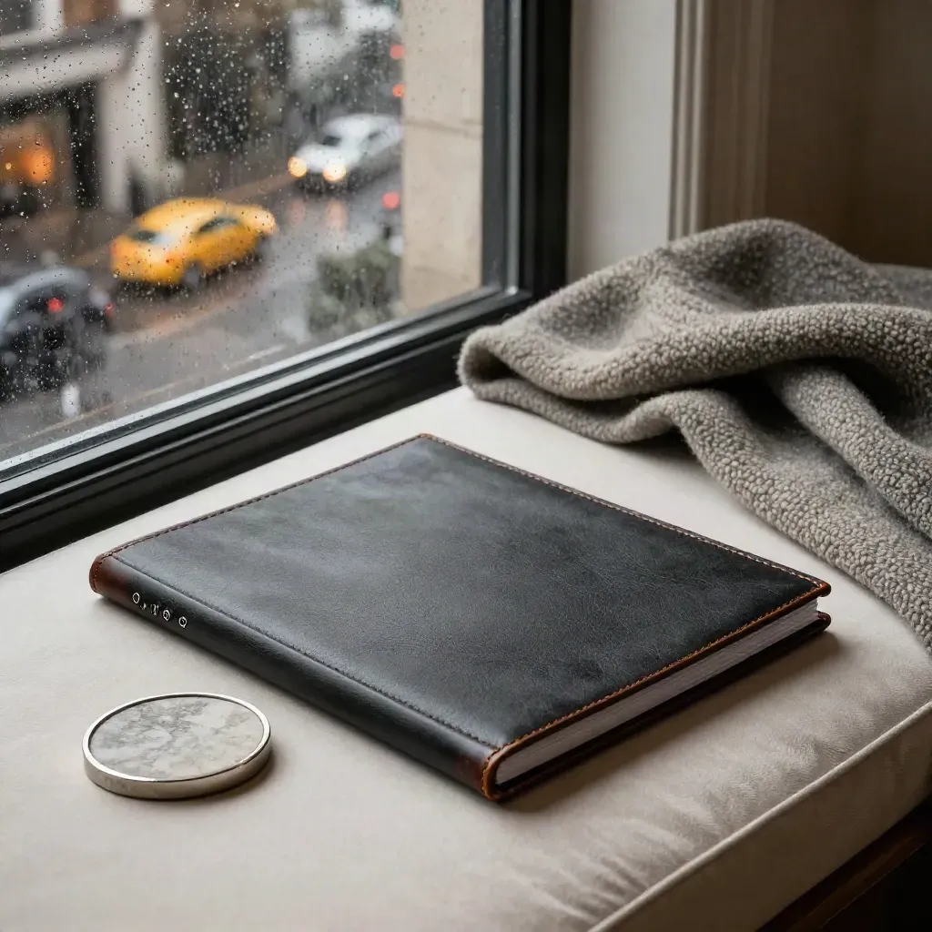 Rain-dark London window seat with a closed folio, stone coaster, and wool throw beside misty city lights.