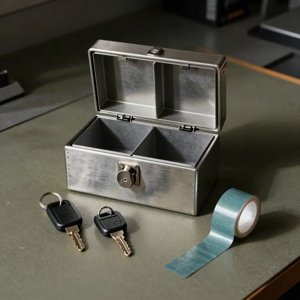 Open steel lockbox with key fobs and tamper seals on a secure workbench.