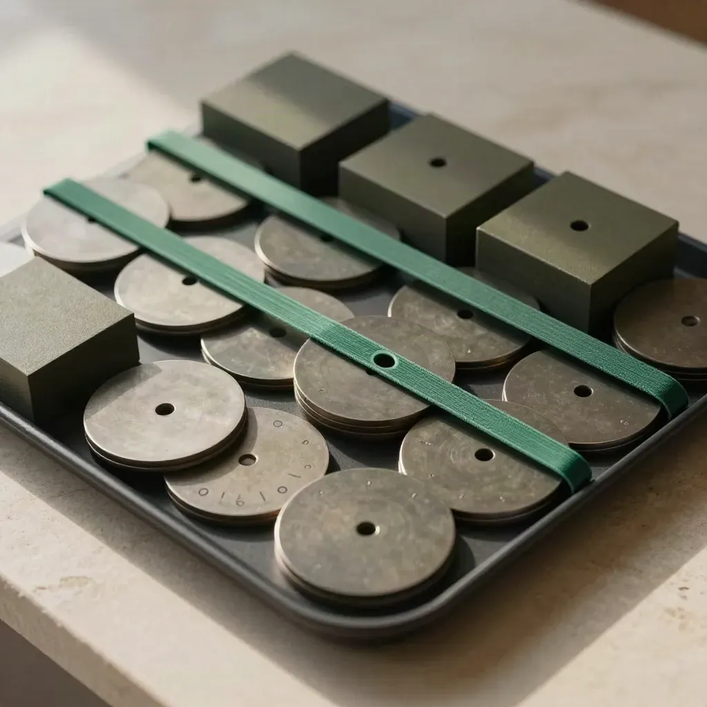 Overhead shot of metal discs and bands on stone, arranged like a token vesting grid.