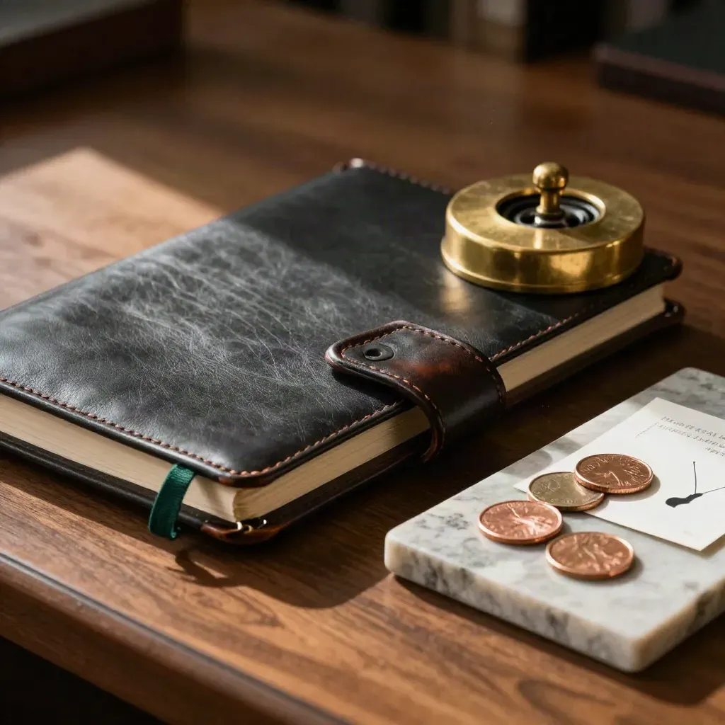 Leather desk corner with notebook, brass paperweight, and stone tray in warm daylight