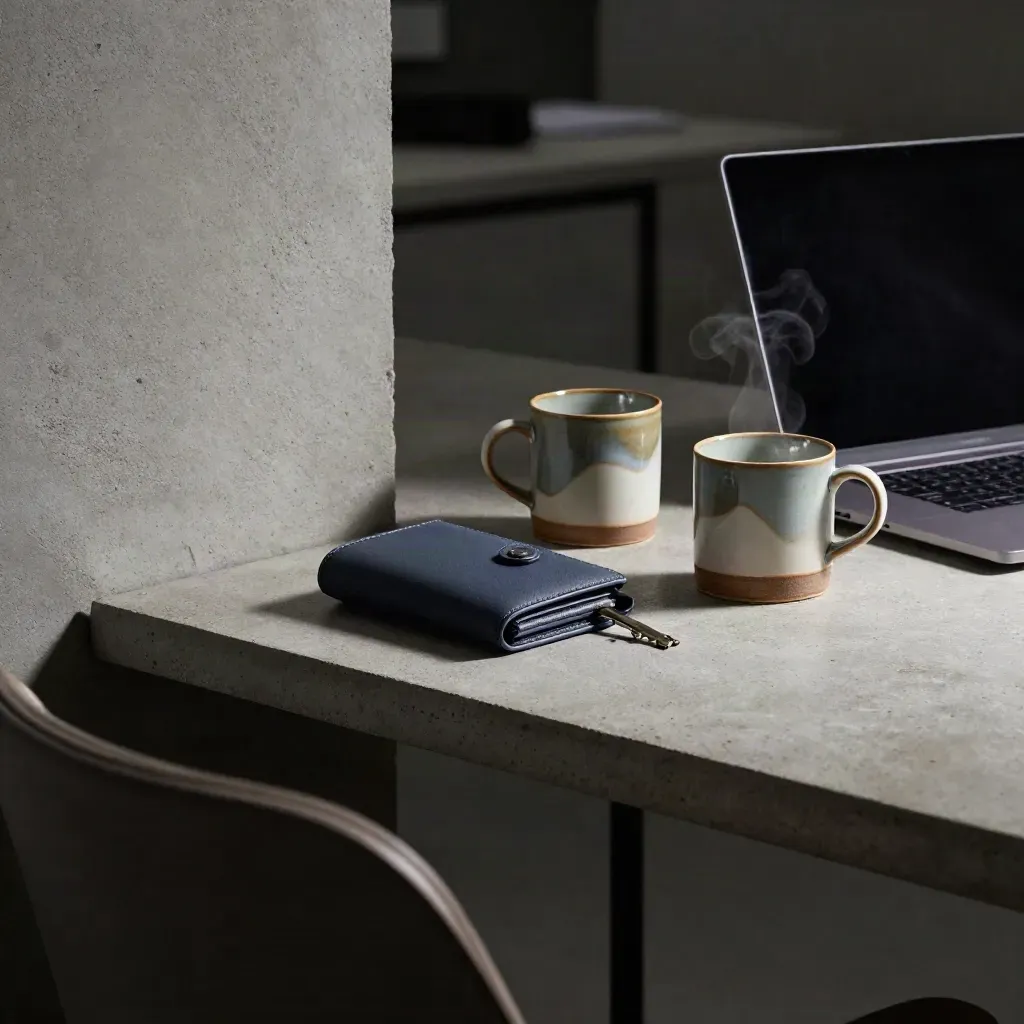 Chairback view of a brief meeting table with wallet, closed laptop and two mugs