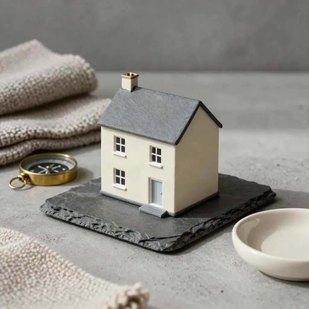Slate terraced-house model with brass compass, wool swatch and ceramic dish on plaster